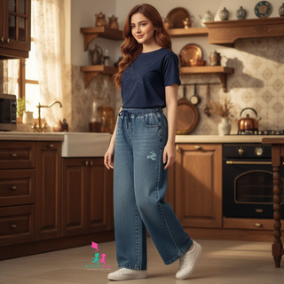شلوار جین فول بگ کمرکش(کد 3100) (10 تا17 سال)
